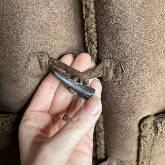 Vintage L.L. Bean Sherpa Lined Suede Toggle Coat Women’s Small Hooded Brown Barn - Picture 8 of 10